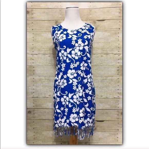 Tropical floral hibiscus print fringed rayon sleeveless dress size S - Picture 2 of 8
